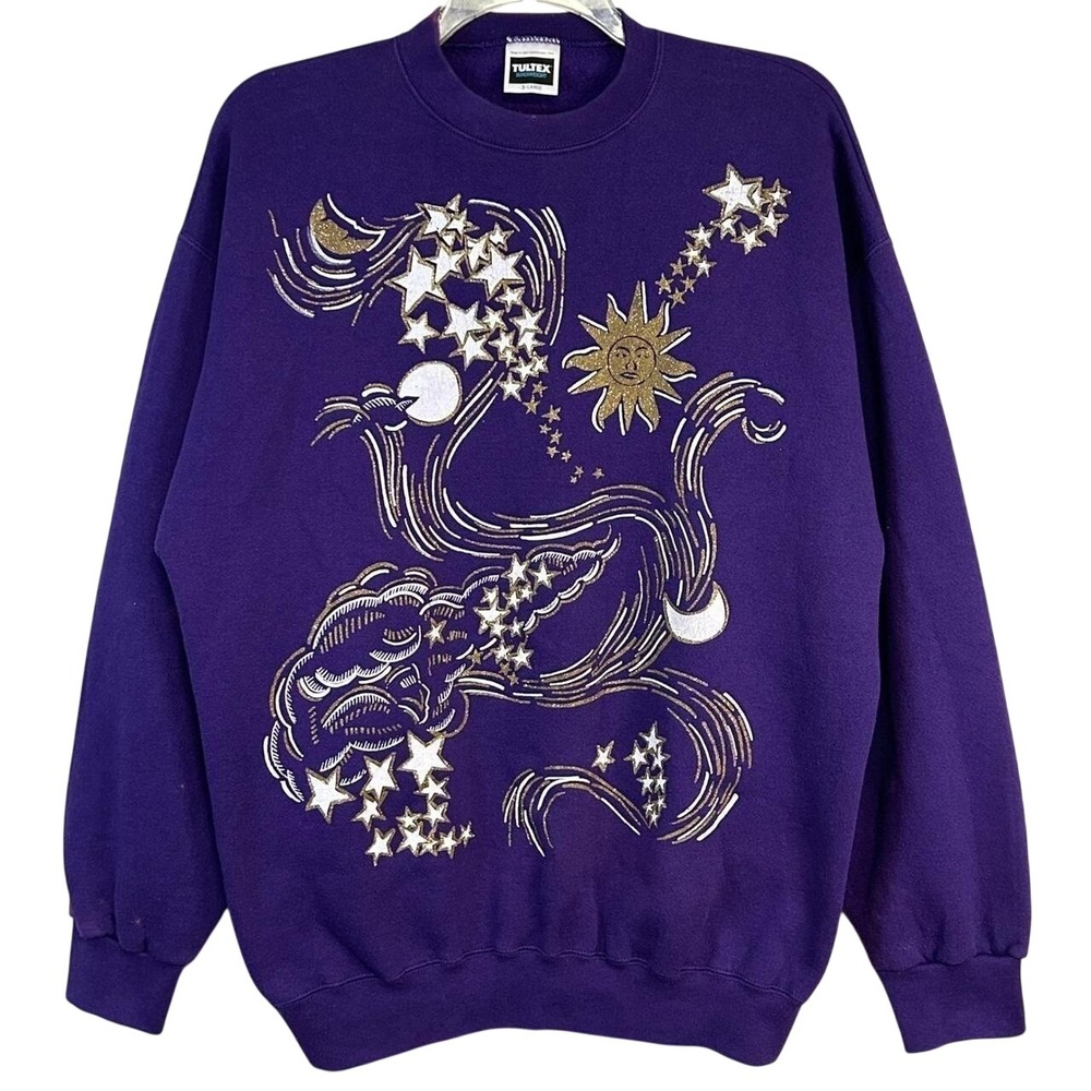 Vtg 90s Tultex Celestial Sweatshirt XL Purple Gold Cosmic Whimsigoth Witchy USA